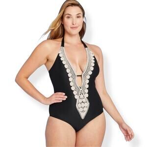 NWT Kona Sol women's black crochet lace deep V one piece swimsuit SZ XL